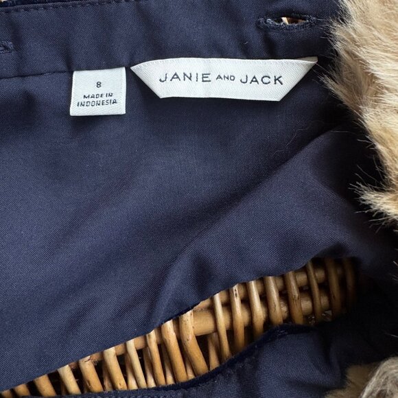 JANIE AND JACK Wide Leg Velvet Jumpsuit Girls 8 Navy Blue Faux Fur Collar Romper - Picture 7 of 8